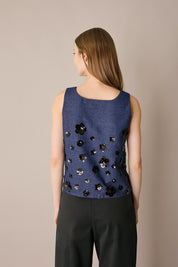 Denim top with sequin flowers