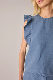 Linen ruffle sleeve top