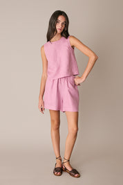 Top in lino con bottoncini