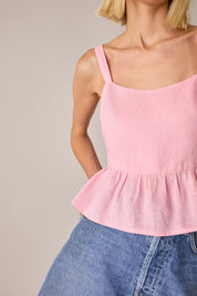 Top in lino con balza