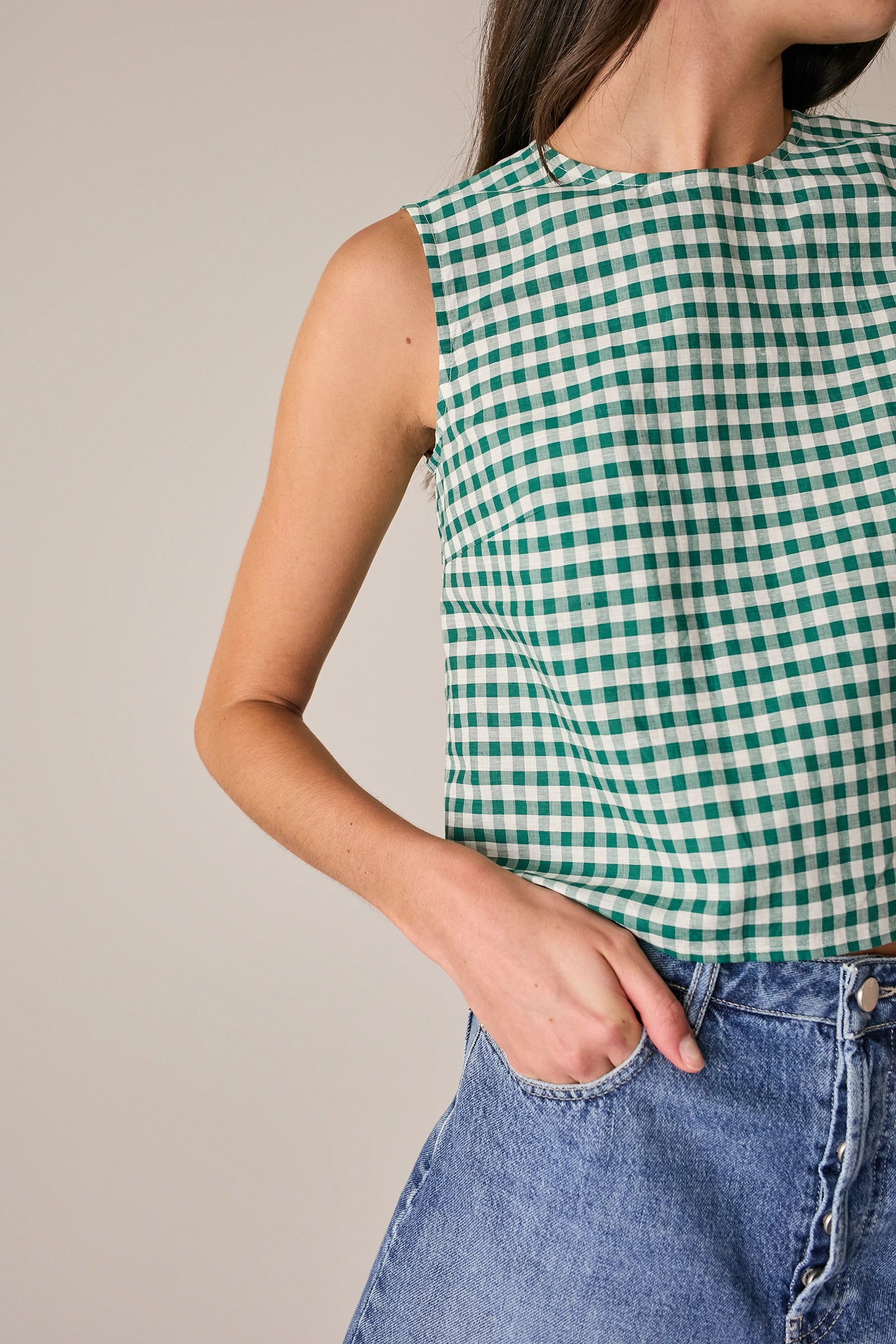 Top vichy in lino e cotone