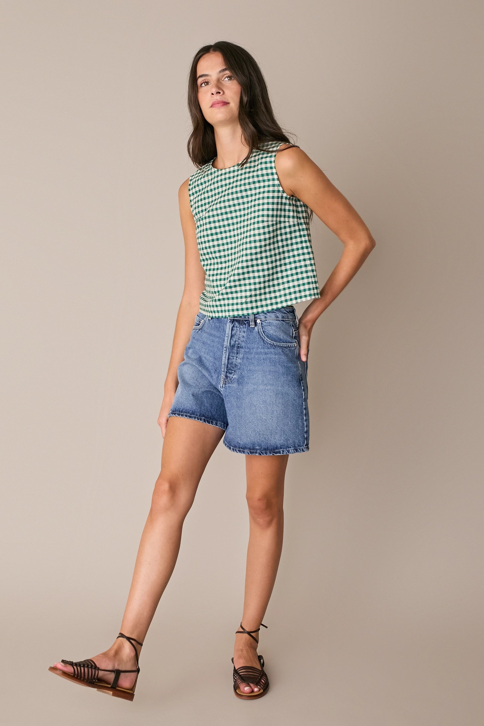 Top vichy in lino e cotone