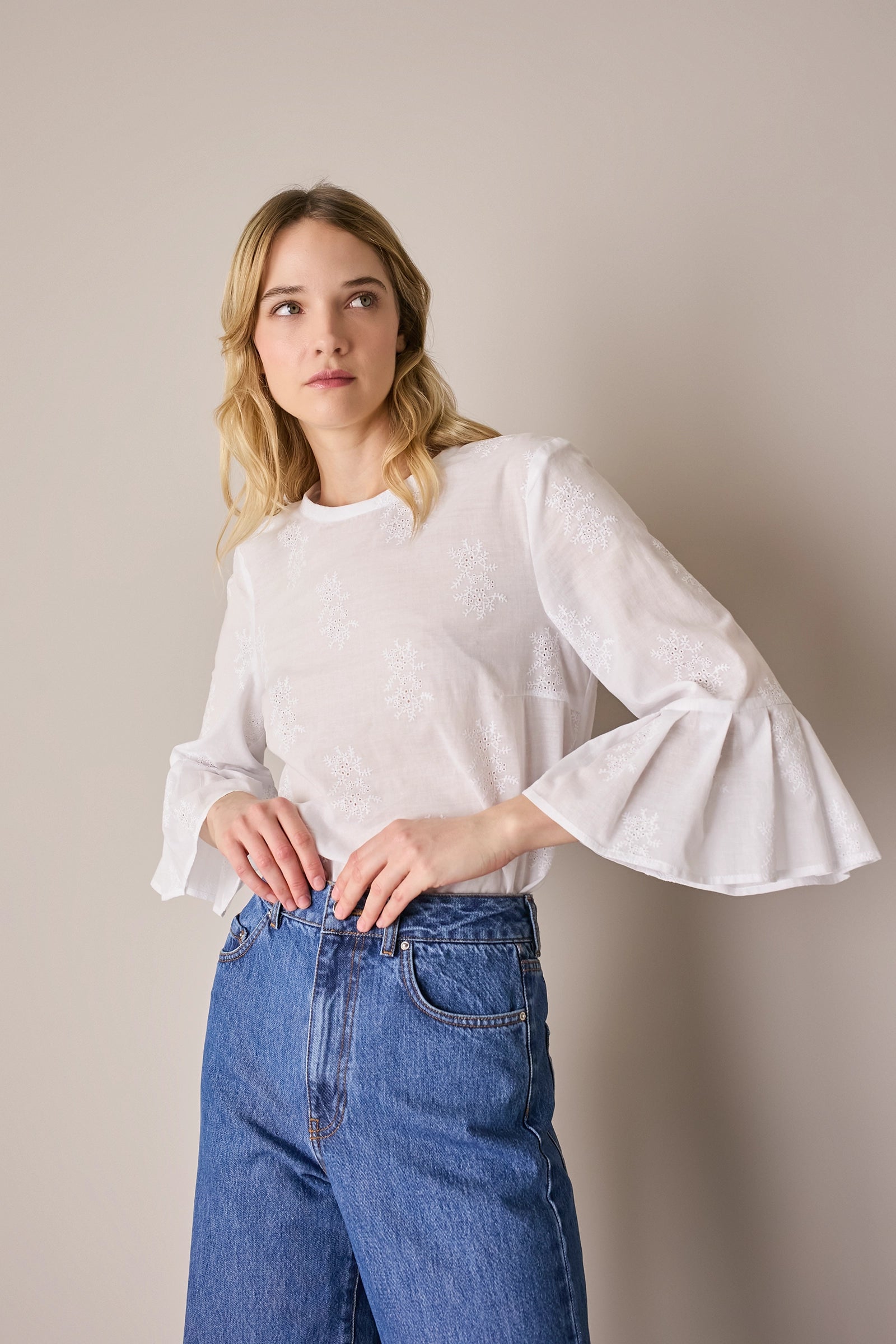 Embroidered top with bell sleeves