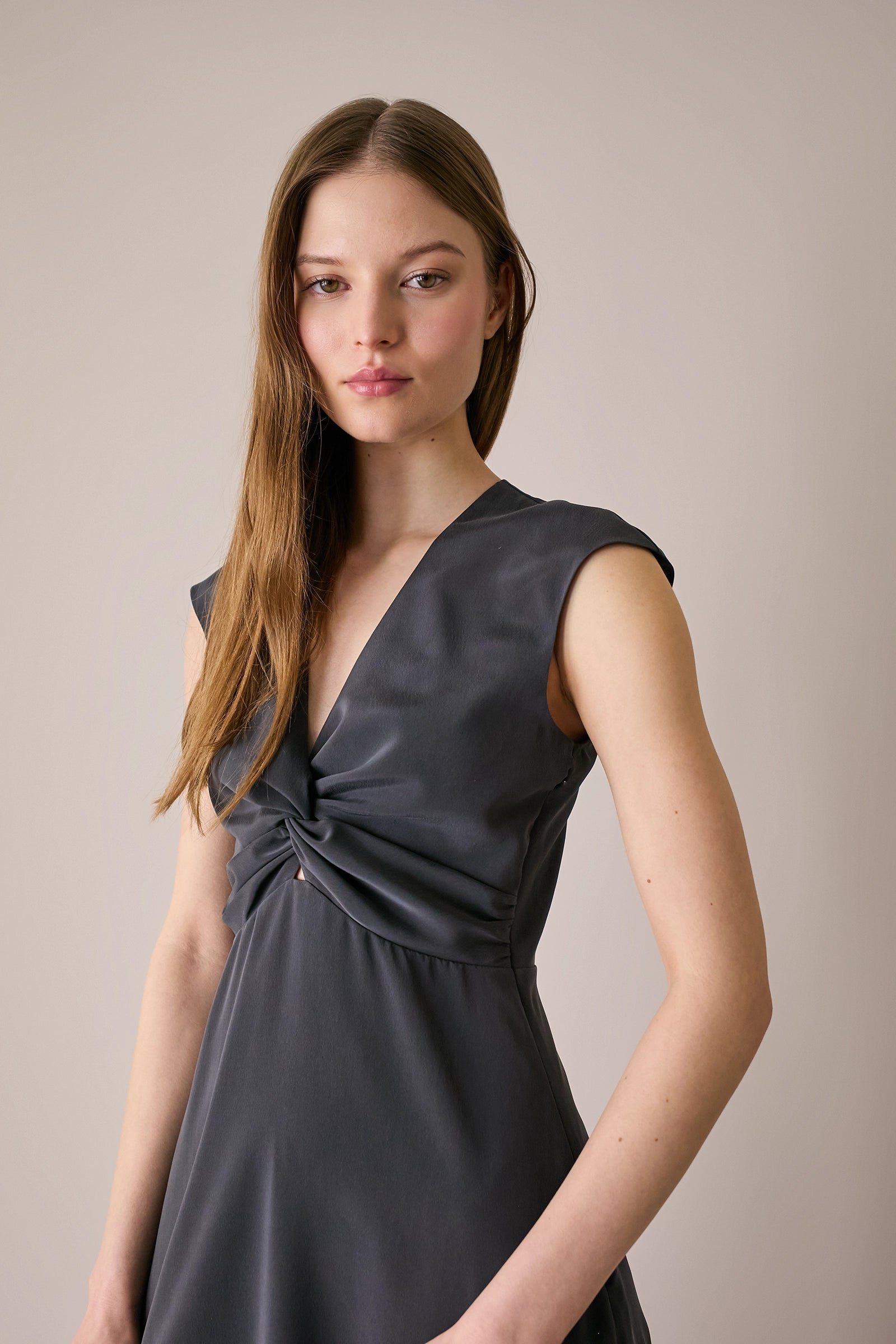 Stretch silk dress with twisted neckline