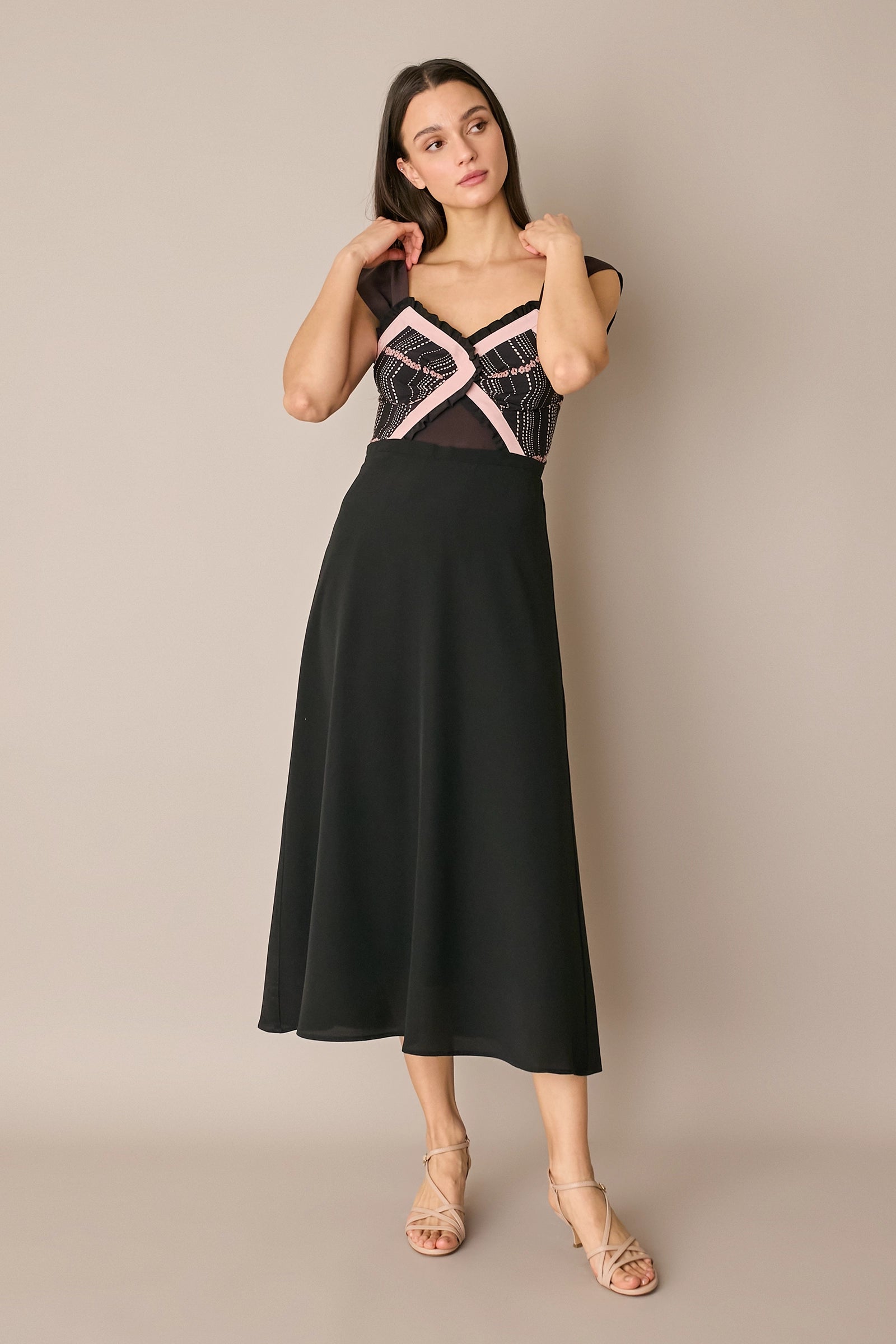Long silk dress with floral top
