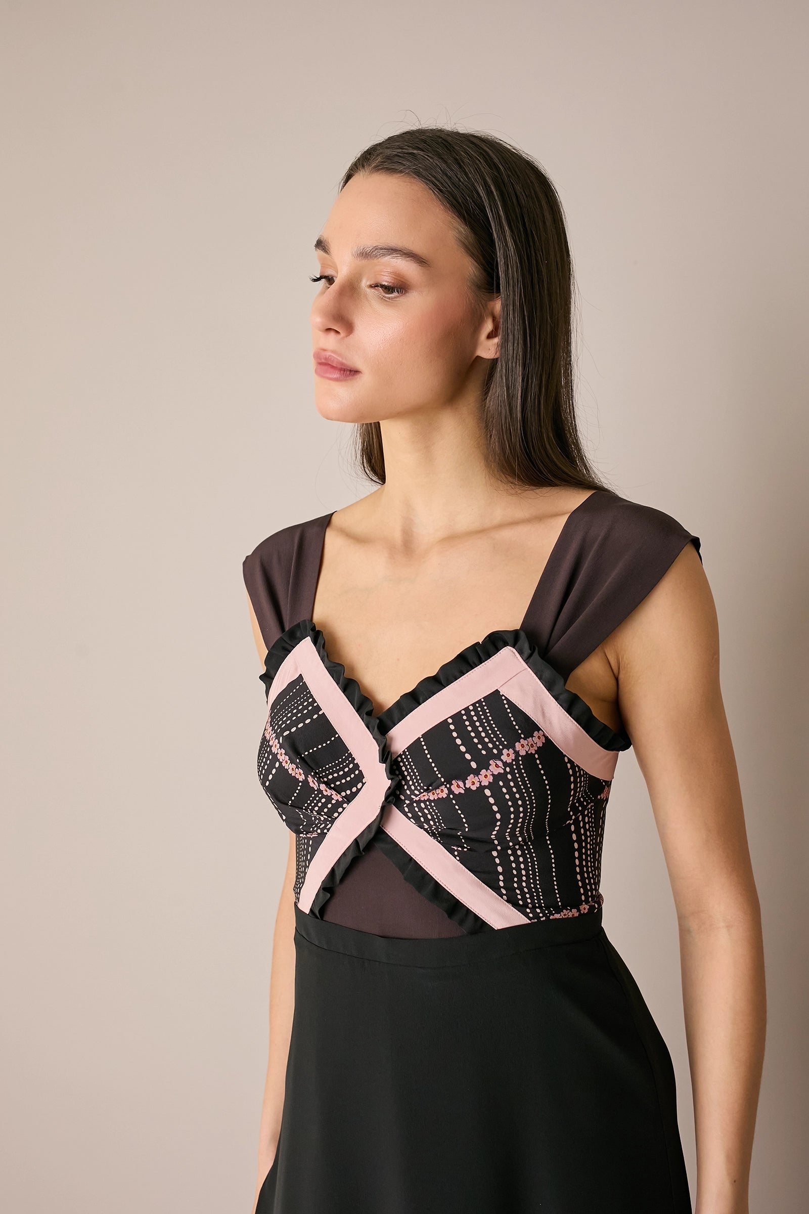 Long silk dress with floral top