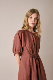 Linen dress with gathered waist