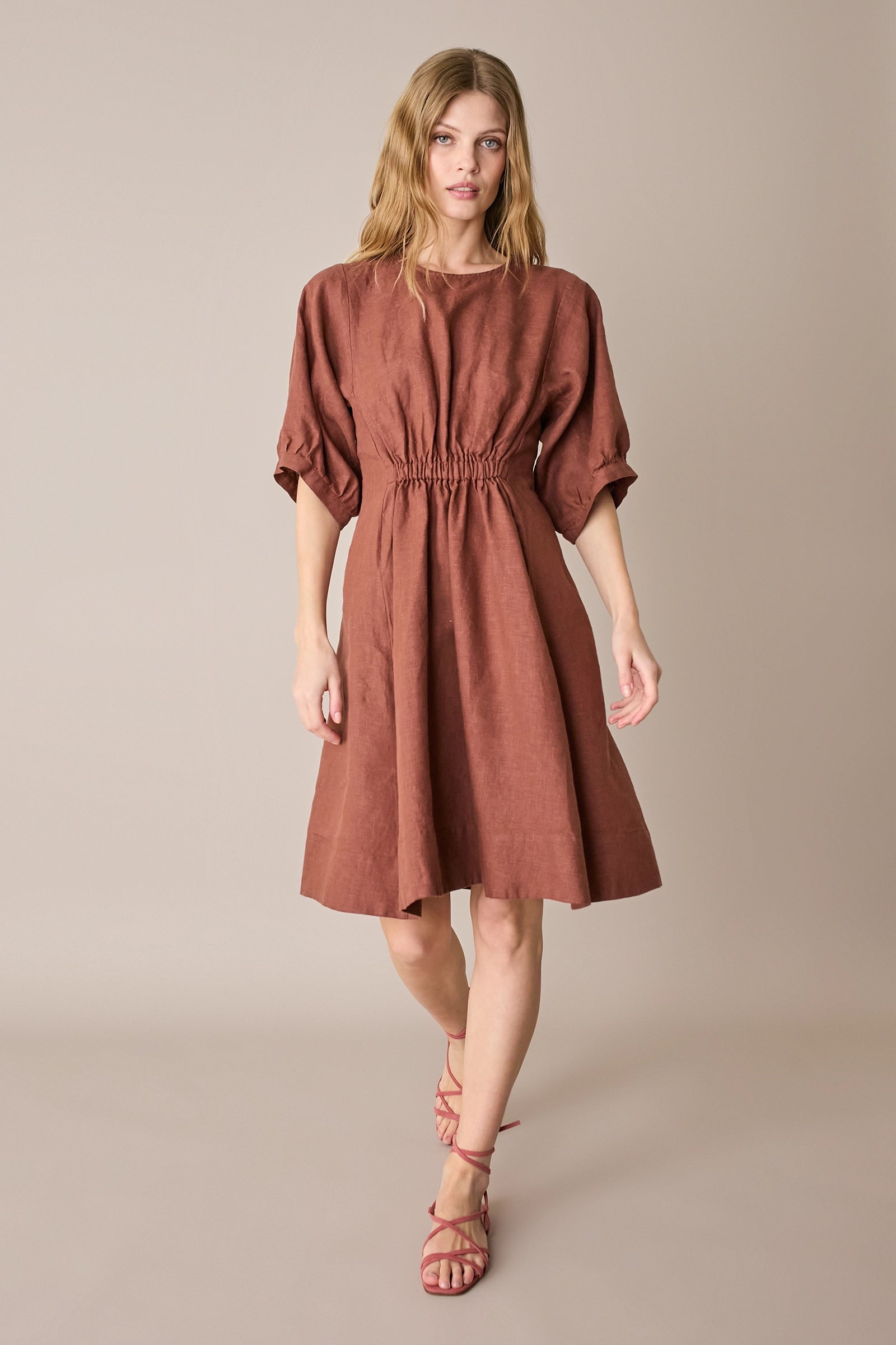 Linen dress with gathered waist