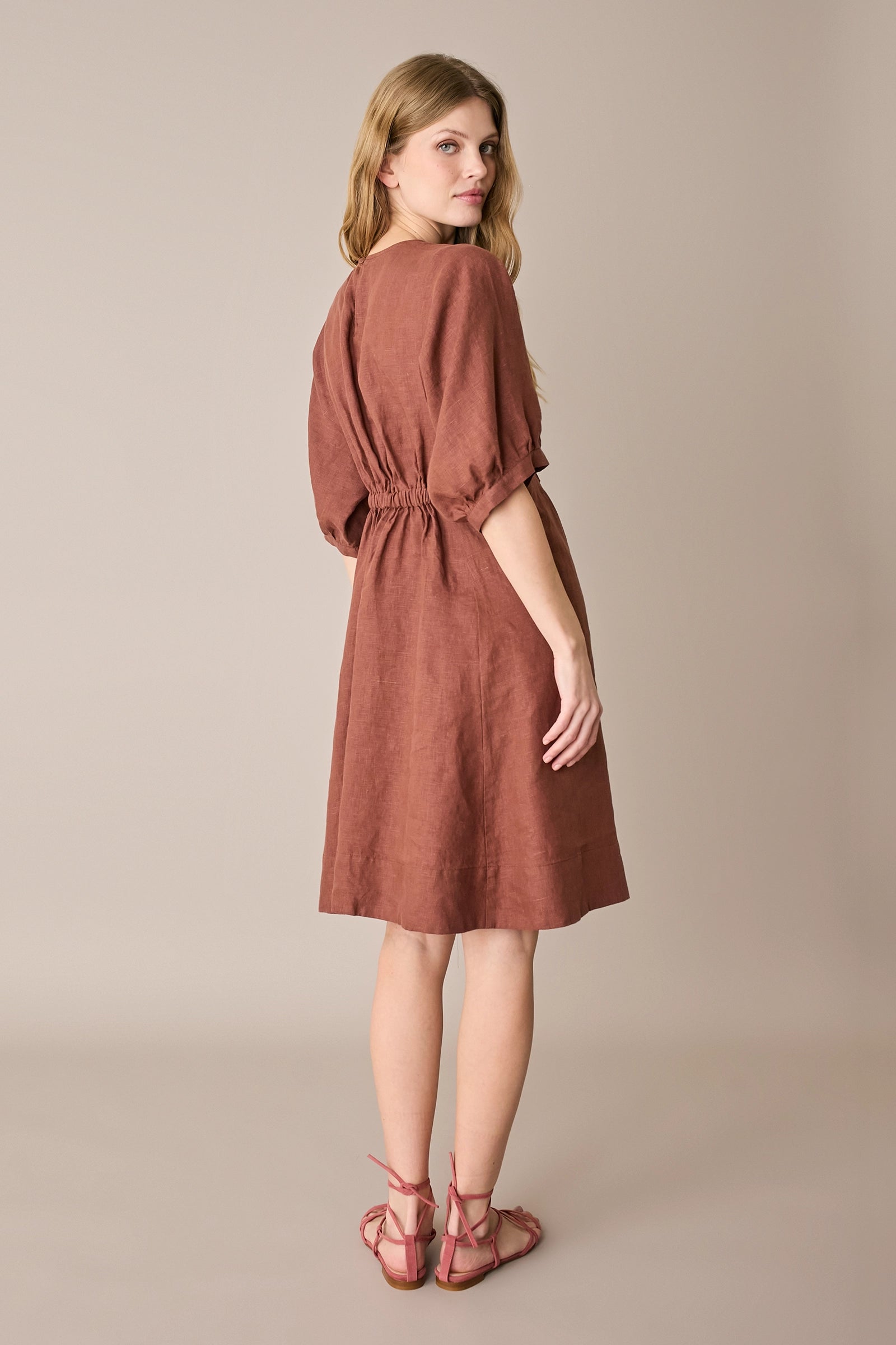 Linen dress with gathered waist