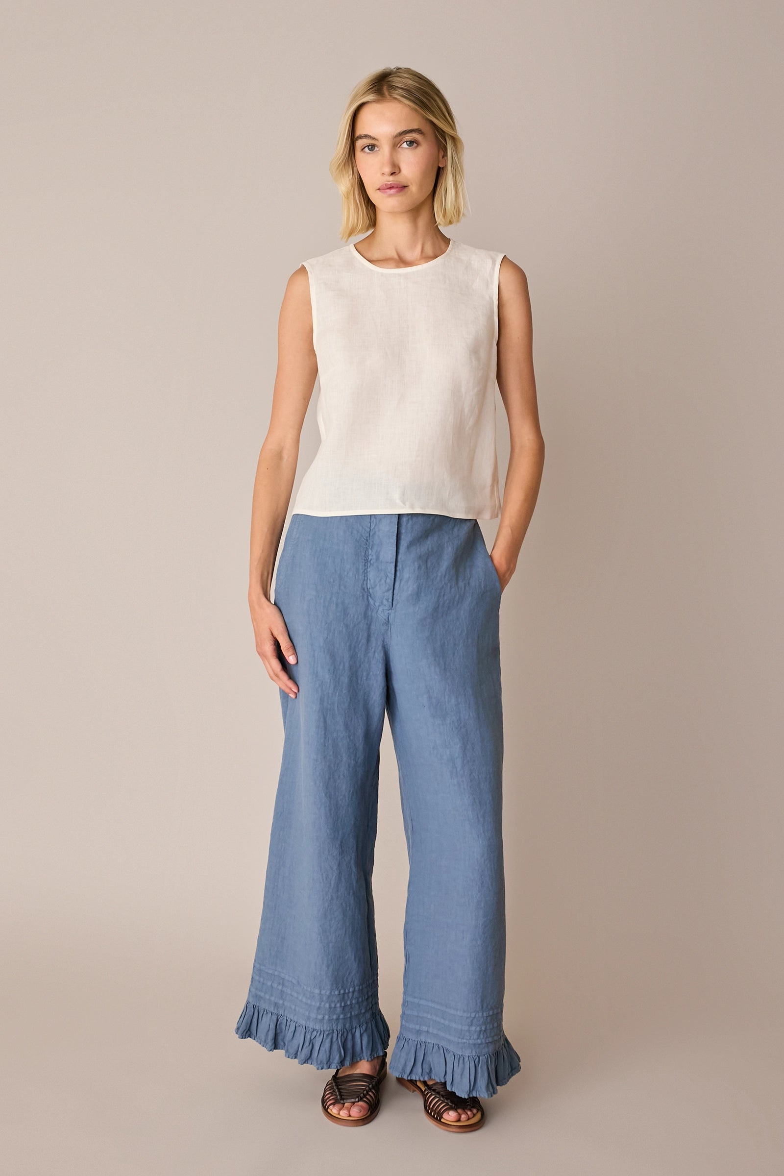 Linen trousers with frill hem
