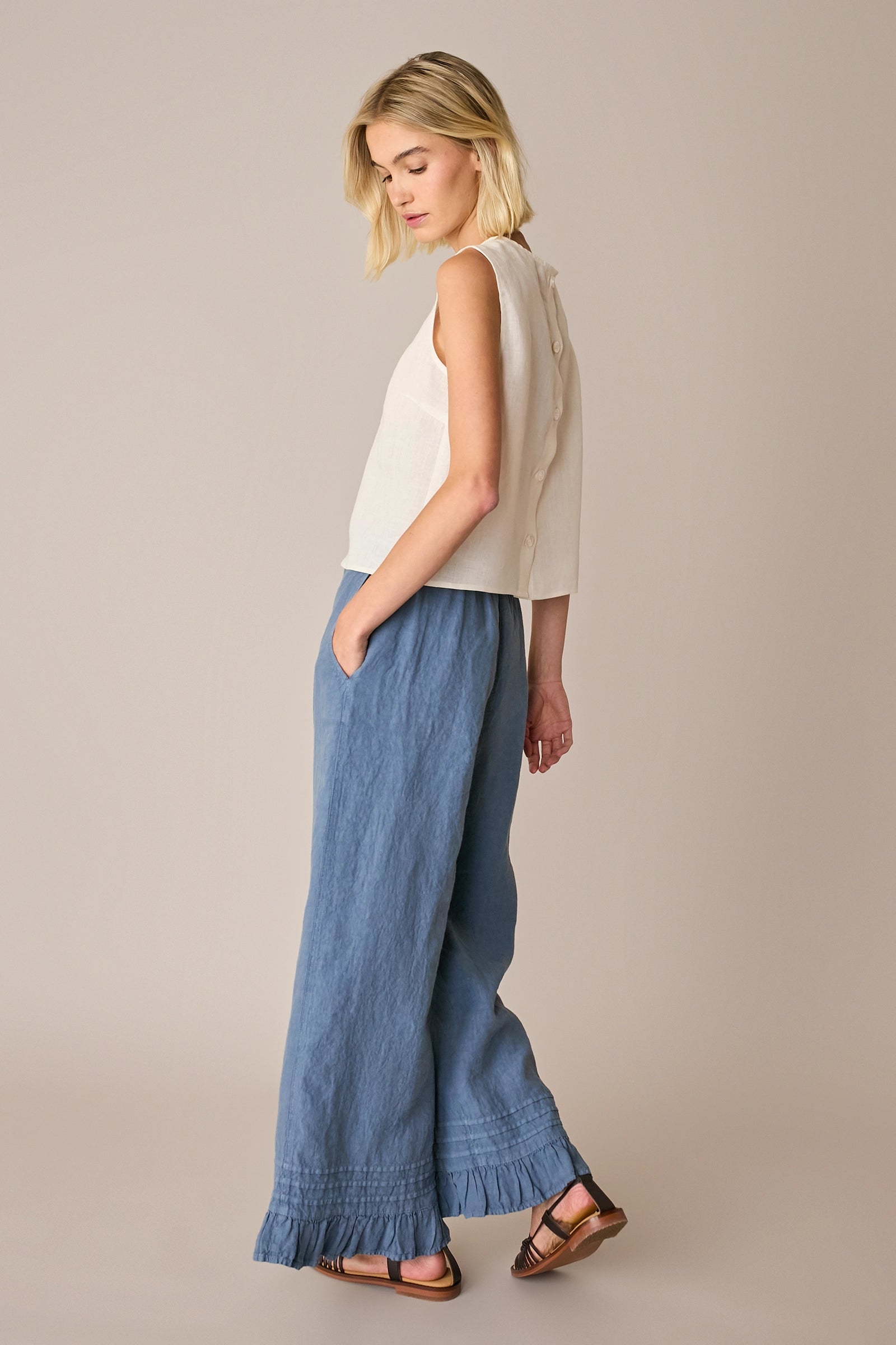 Linen trousers with frill hem
