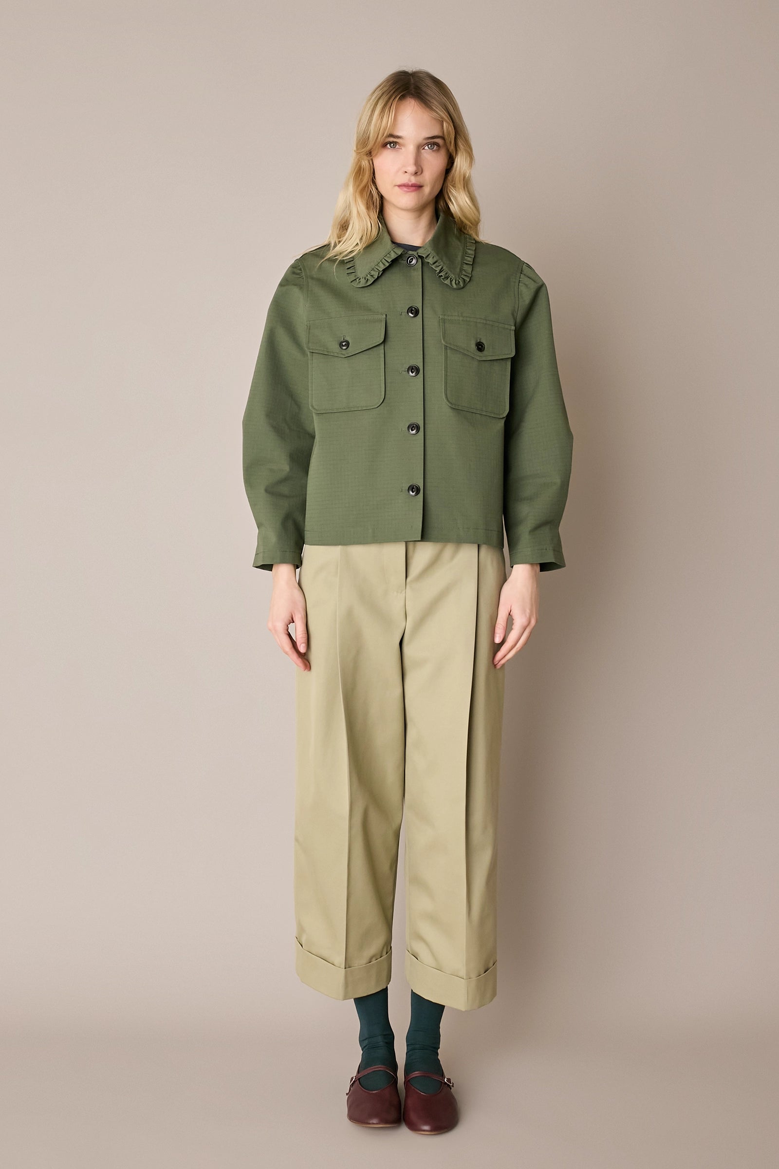 Ripstop cotton jacket with ruffled collar
