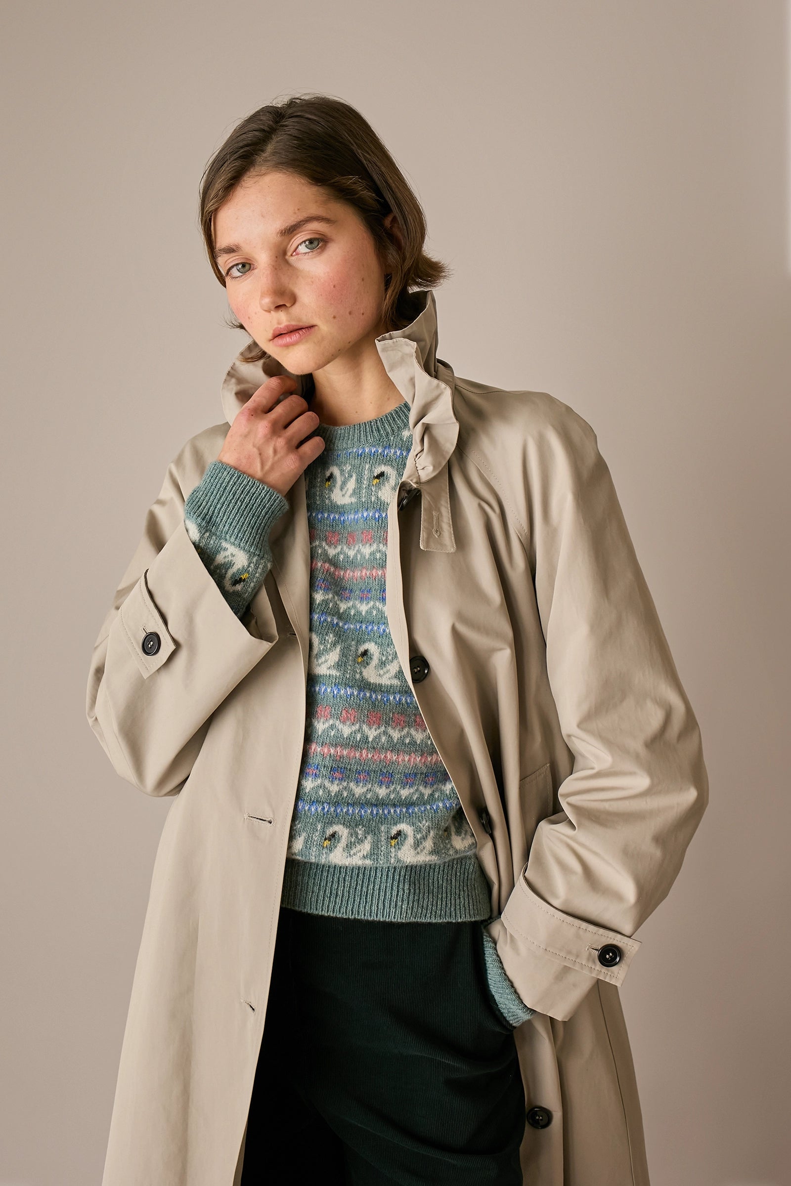 Ruffled collar trench coat