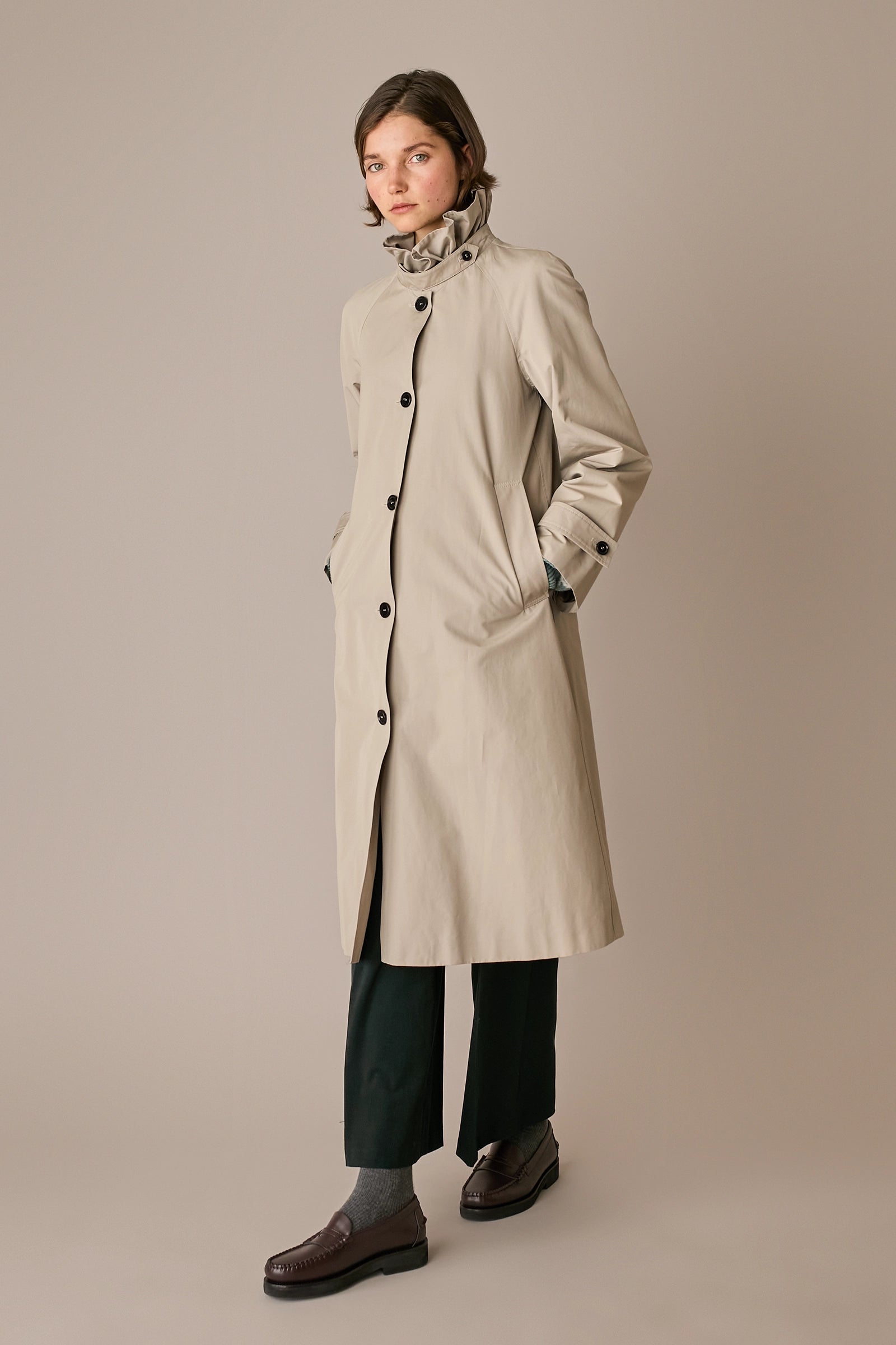 Ruffled collar trench coat