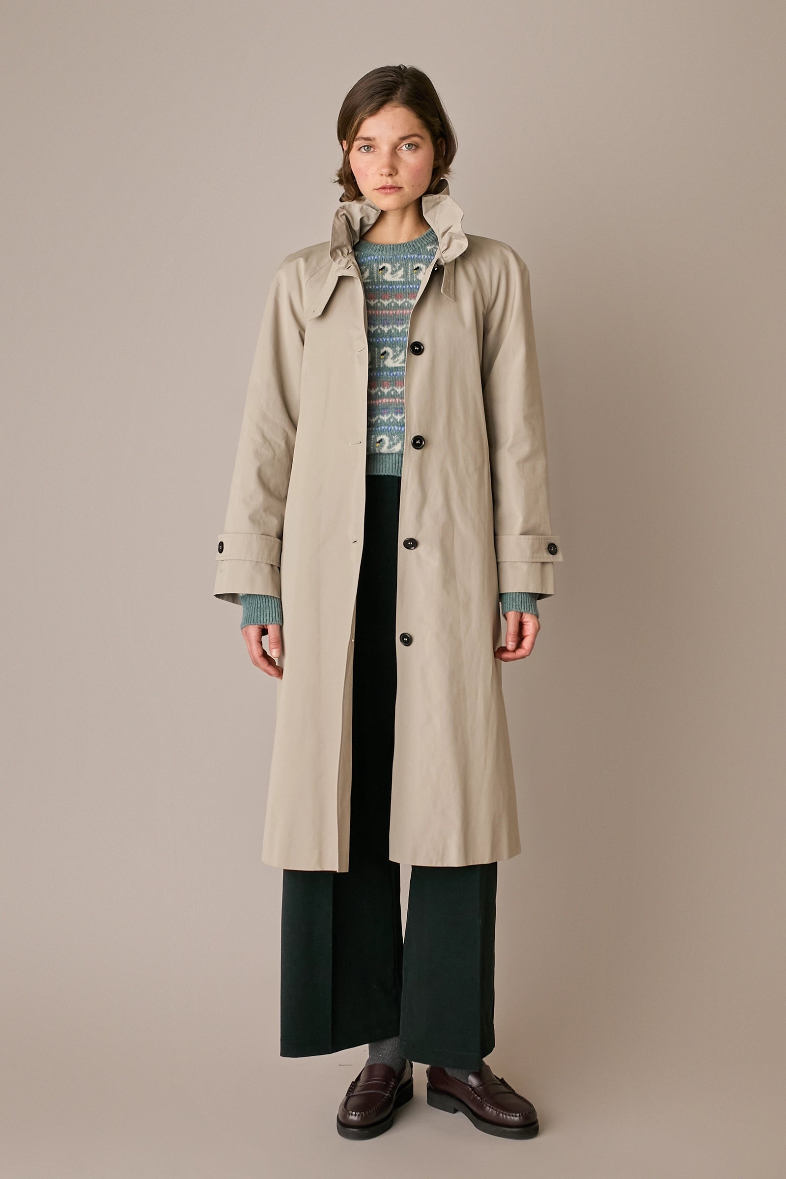 Ruffled collar trench coat