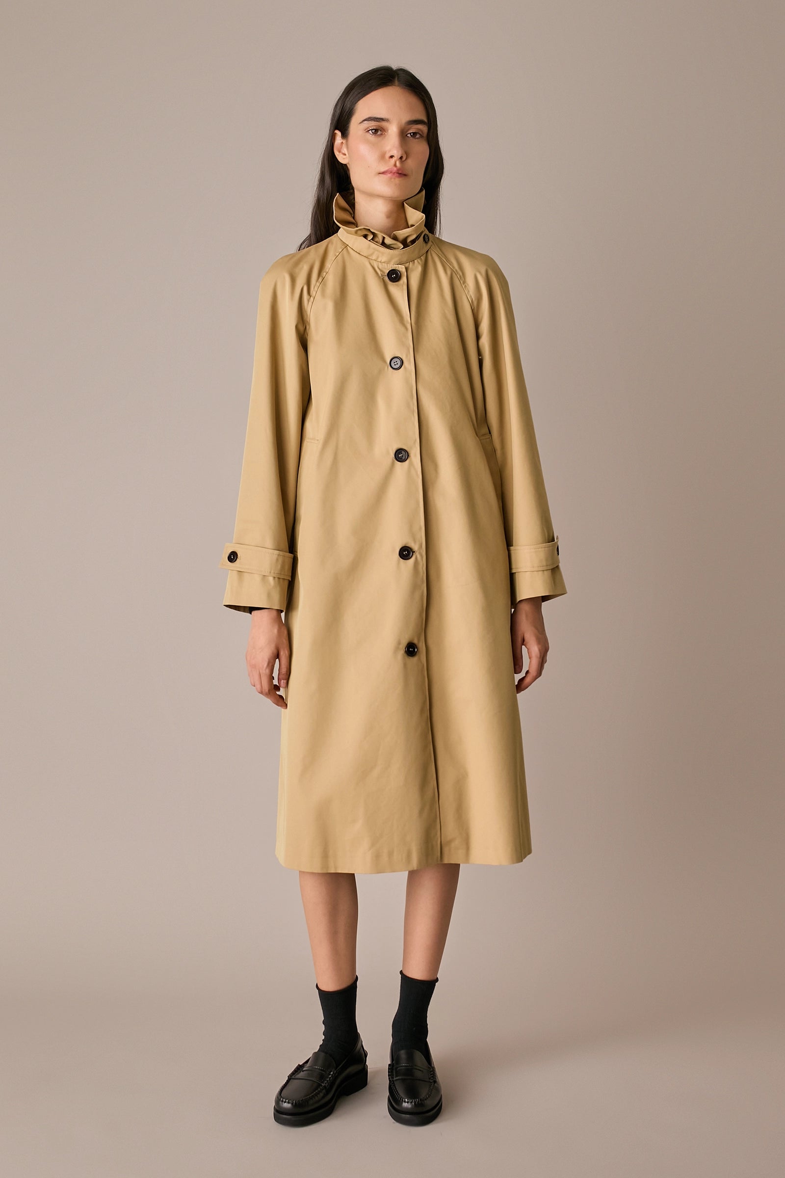 Ruffled collar trench coat
