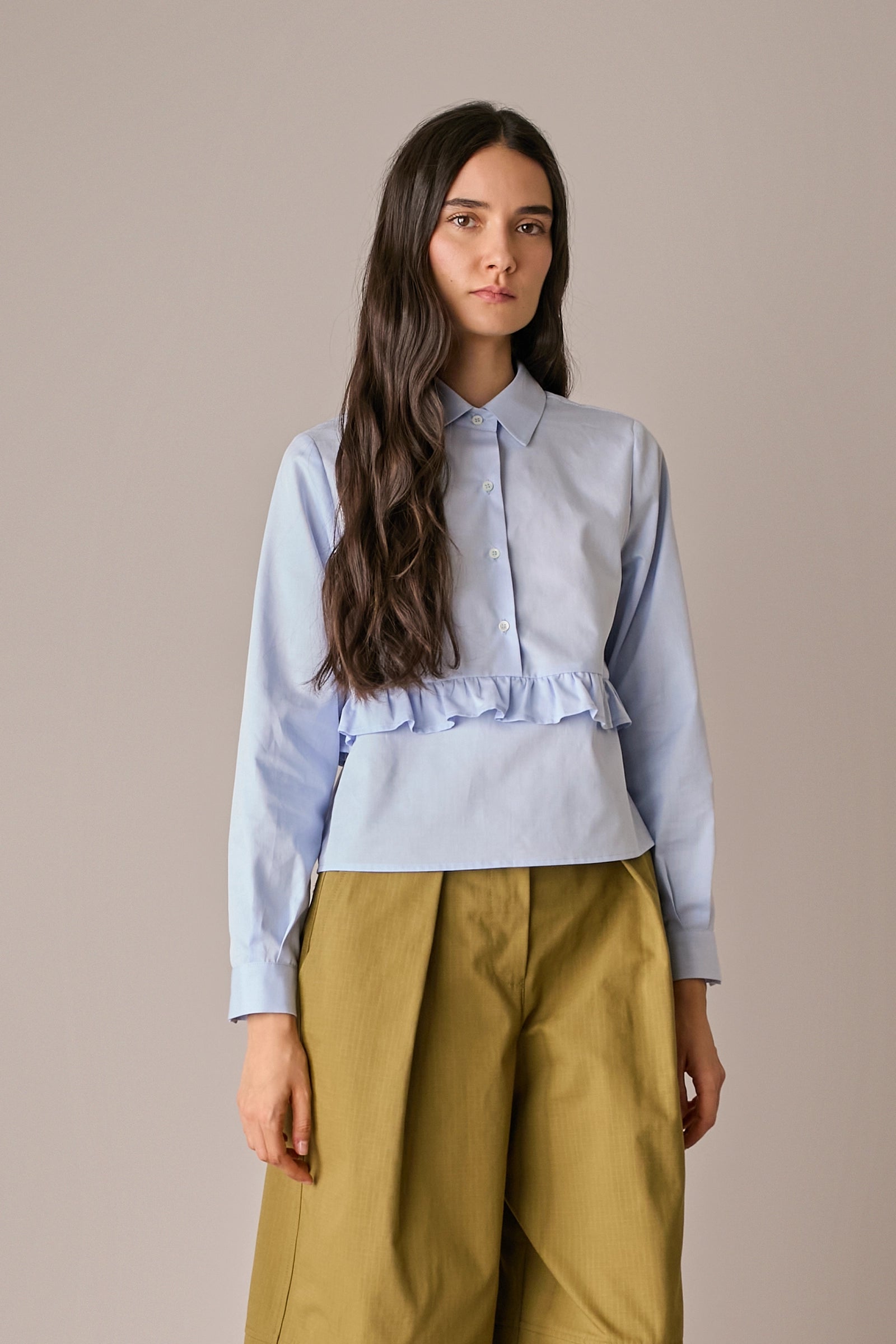 camicia con volant, colletto classico, azzurro