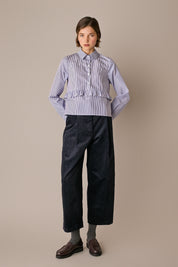 camicia con volant righe bianco e blu, colletto classico