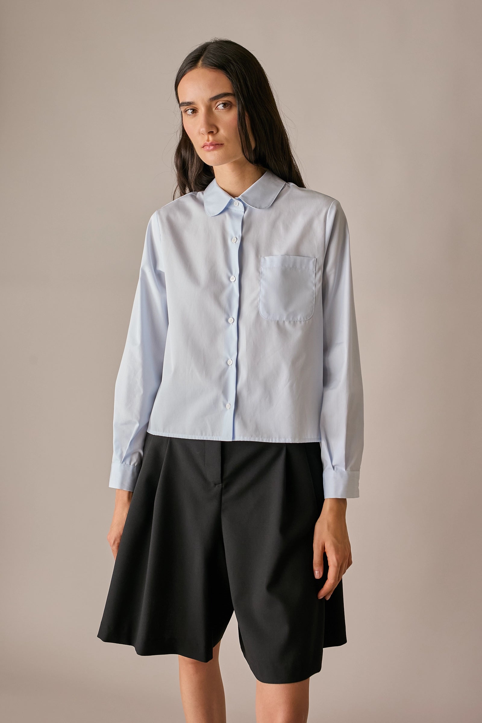 camicia con colletto stondato, colletto stondato, righe bianco e blu