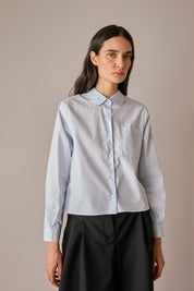 camicia con colletto stondato, made in italy, righe bianco e blu