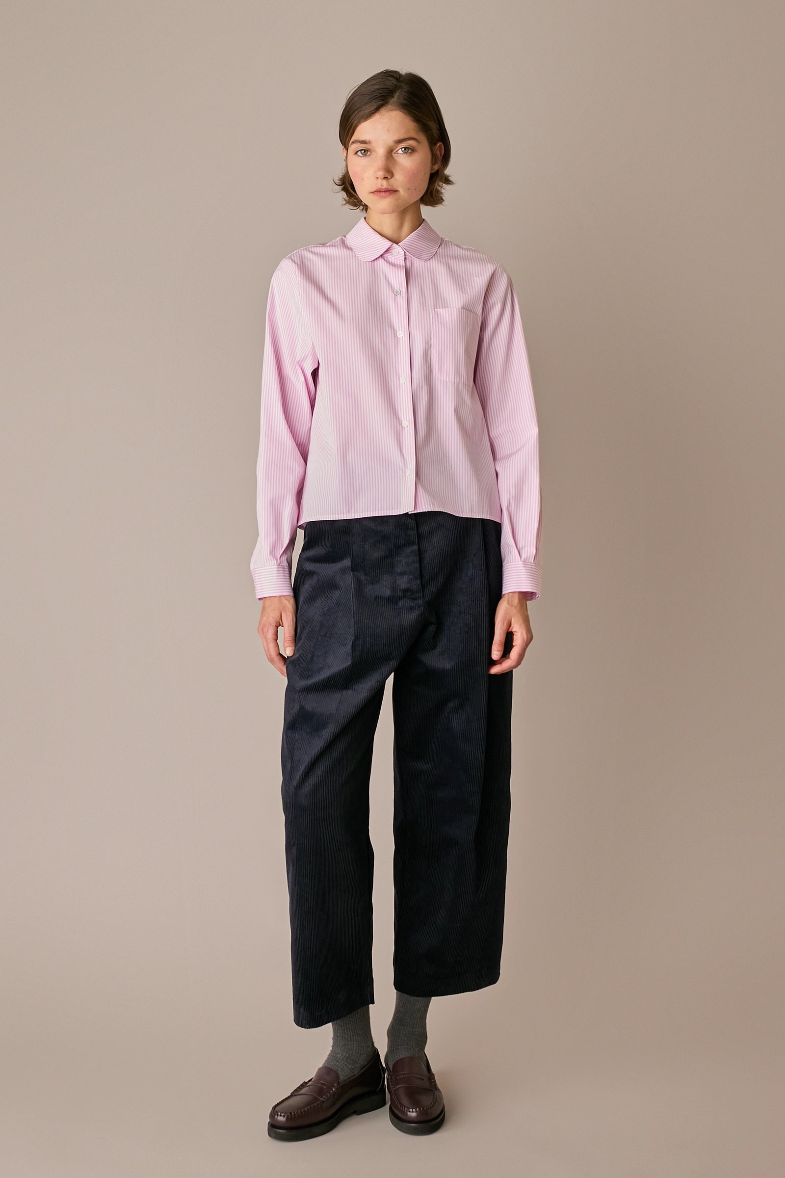 camicia con colletto stondato, made in italy, riga bianco - rosa