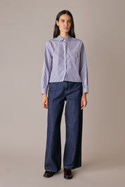 camicia con colletto stondato da ufficio, righe bianco e blu