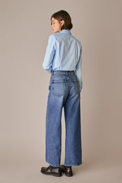 camicia classica in cotone elasticizzato righe blu-bianco, abbottonatura frontale