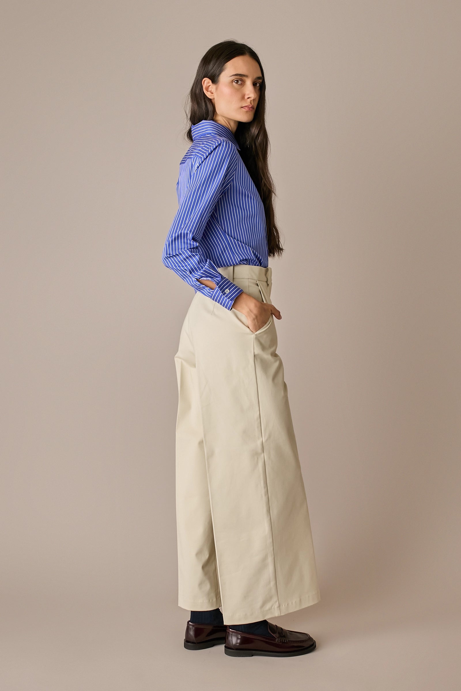 camicia classica in cotone elasticizzato, made in italy, righe blu-bianco