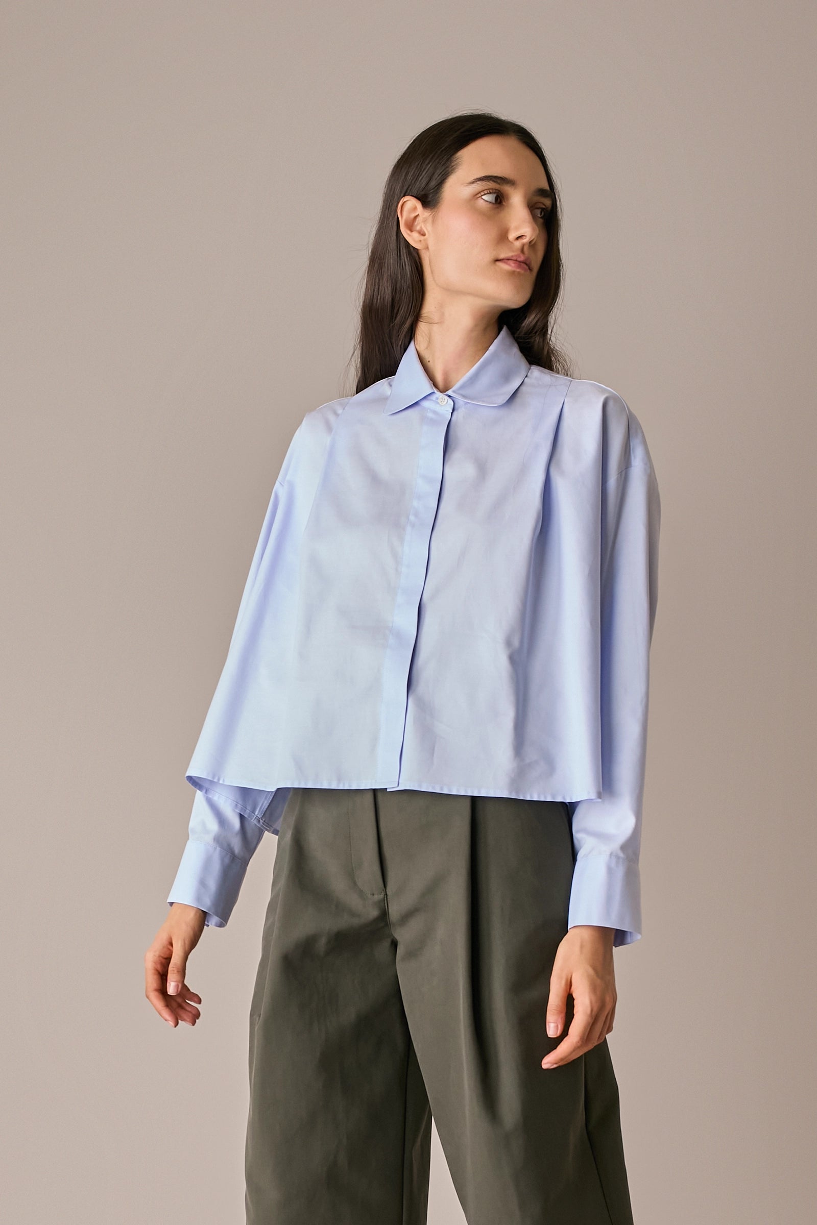 camicia boxy con pieghe, modello boxy (a scatolina), azzurro