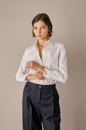 camicia in cotone stretch con colletto stondato bianco, colletto stondato