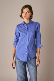 camicia in cotone stretch con colletto stondato, colletto stondato, righe blu-bianco