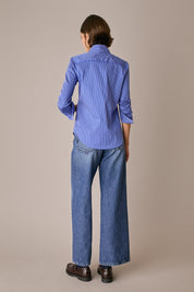 camicia in cotone stretch con colletto stondato, made in italy, righe blu-bianco