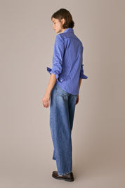 camicia in cotone stretch con colletto stondato righe blu-bianco, cotone elasticizzato