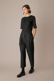 pantaloni in lana e cashmere con vita elastica nero, piega frontale e posteriore