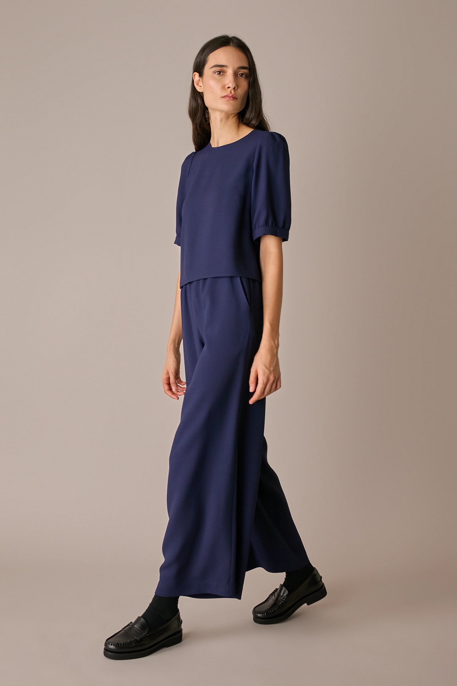 pantaloni in crêpe con vita elastica blu navy, vita elasticizzata