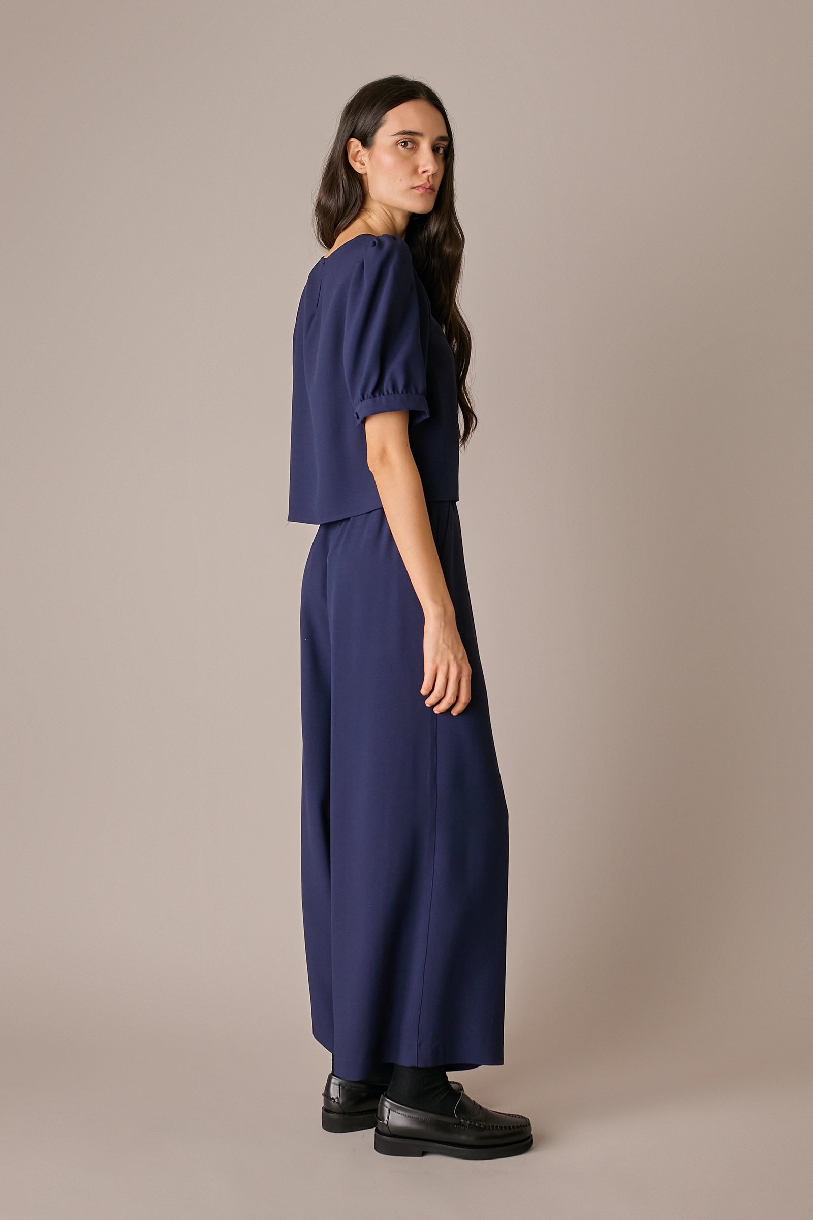 pantaloni in crêpe con vita elastica, vita elasticizzata, blu navy