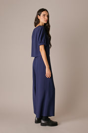 pantaloni in crêpe con vita elastica, vita elasticizzata, blu navy