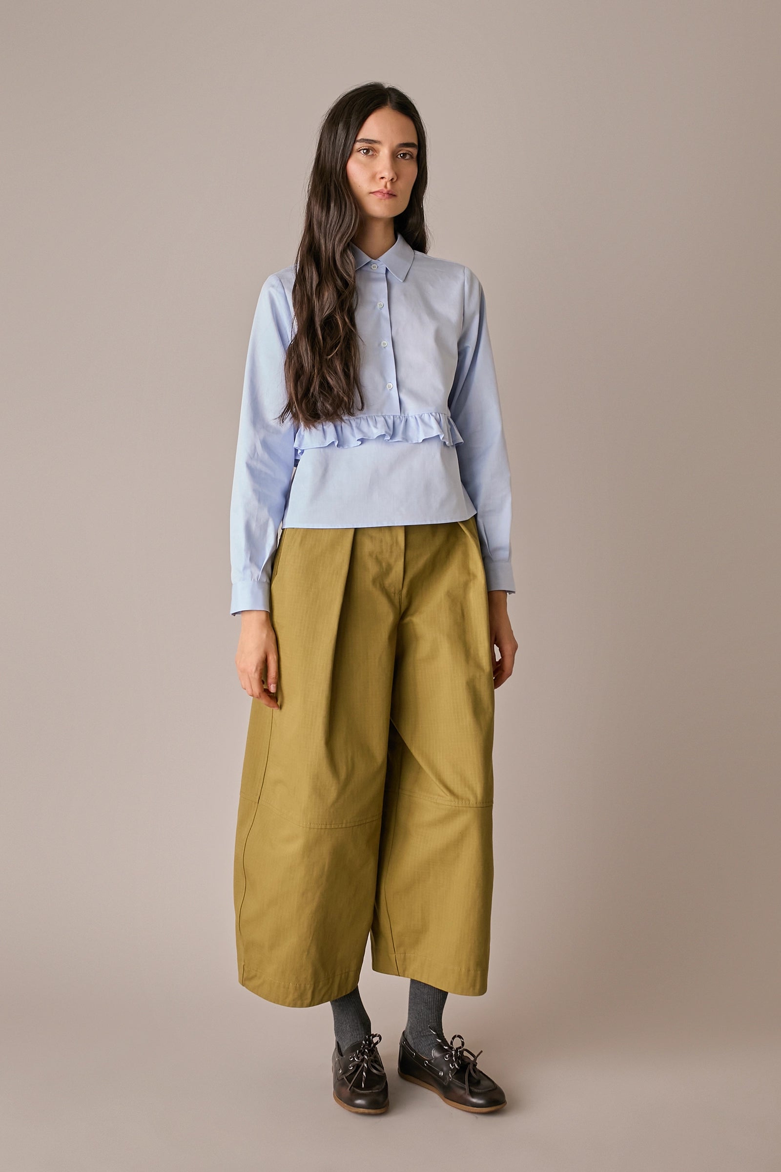 pantaloni balloon in cotone ripstop senape, pinces frontali
