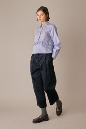 pantaloni wide-leg in velluto a coste blu navy, chiusura con cerniera e passanti per cintura