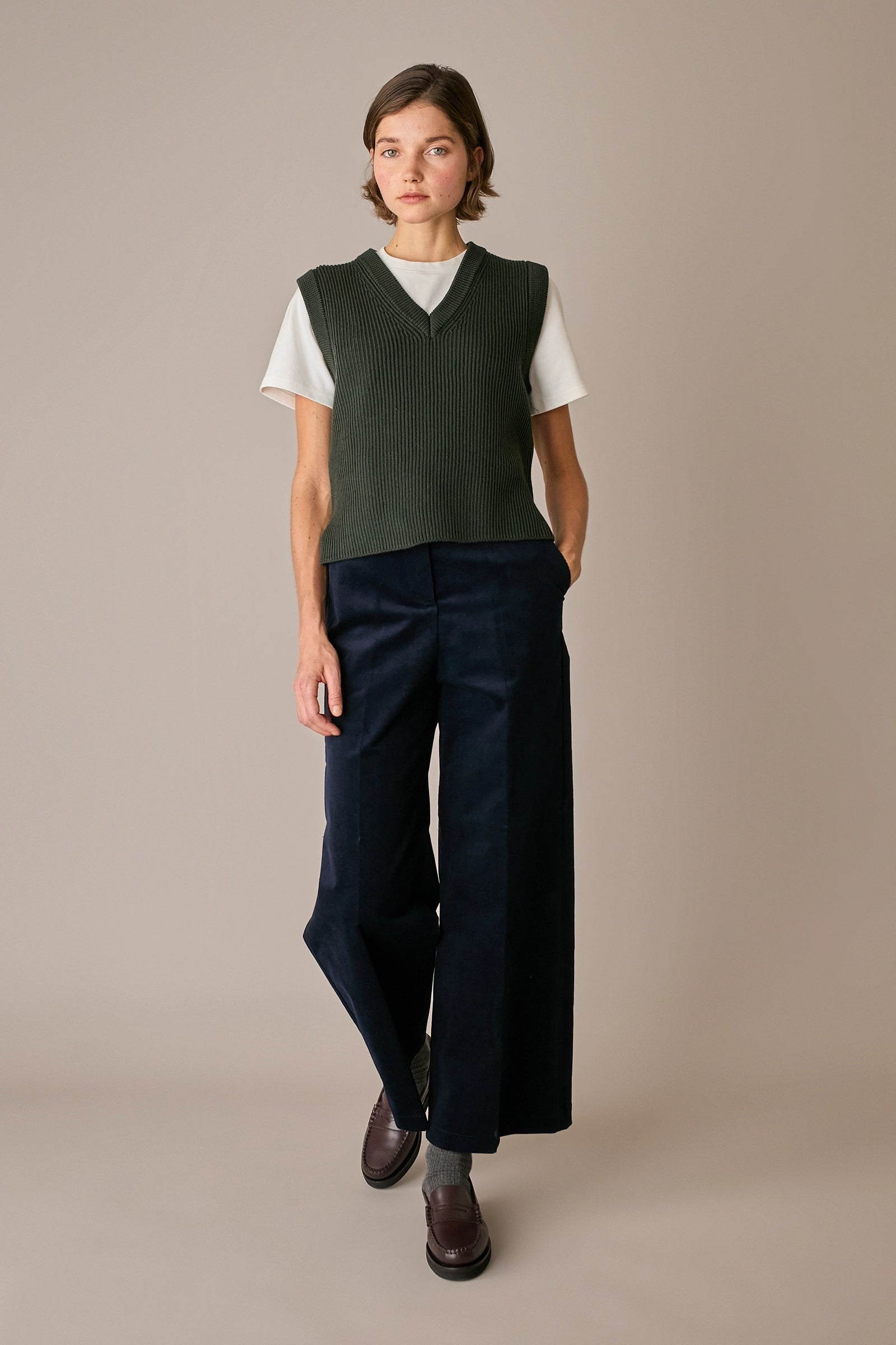 pantaloni straight-leg in velluto a coste, gamba dritta, blu navy
