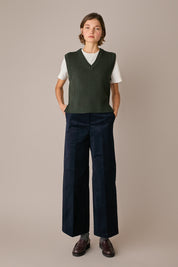 pantaloni straight-leg in velluto a coste blu navy, piega frontale