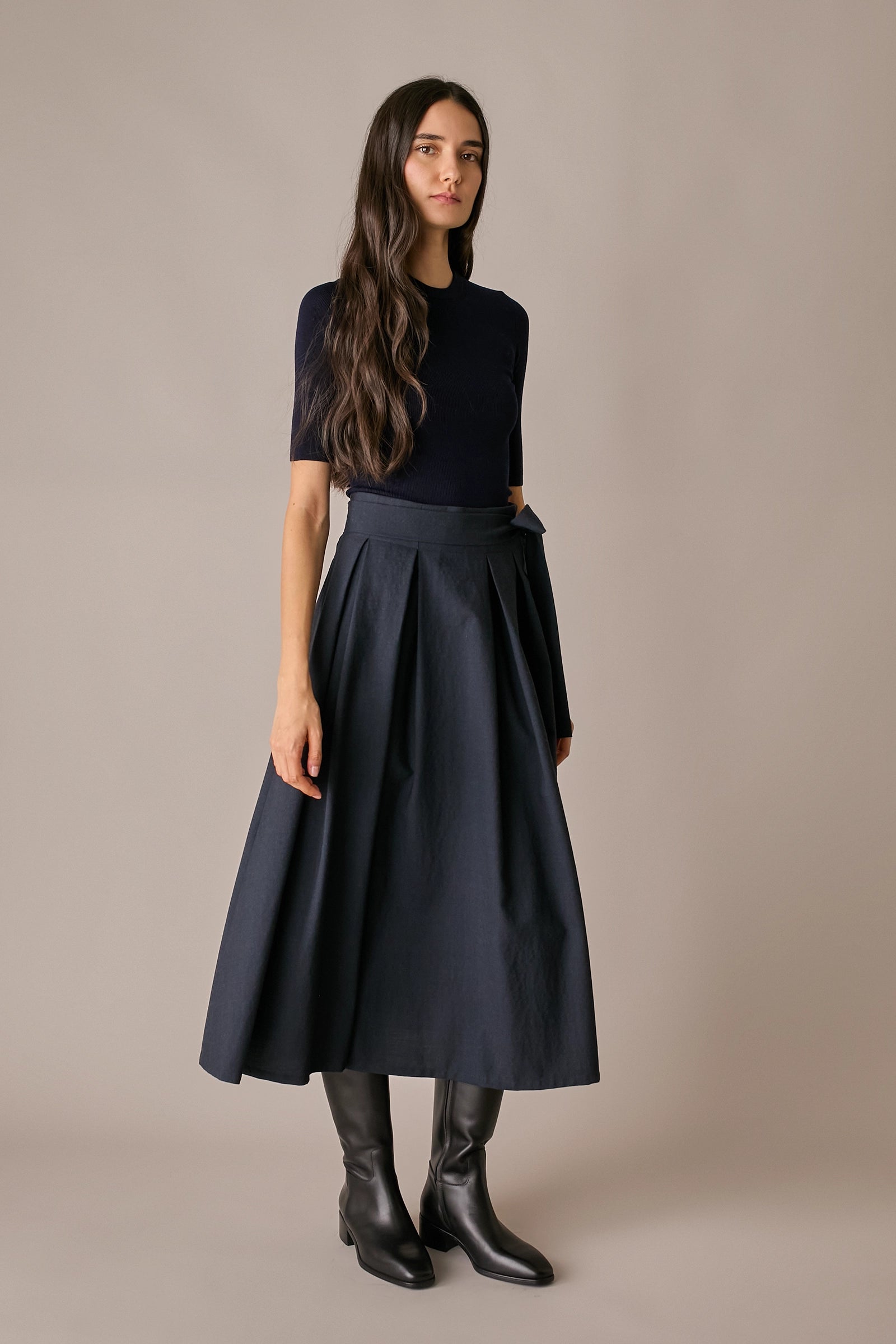 gonna midi con pieghe a cannoncino, chiusura con cerniera, blu navy