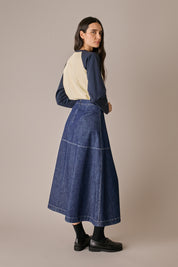 gonna lunga in denim denim blu, impunture a contrasto