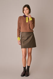 gonna corta pied-de-poule, chiusura con zip laterale, pied de poule marrone