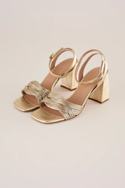 Metallic woven sandals with 7 cm block heel
