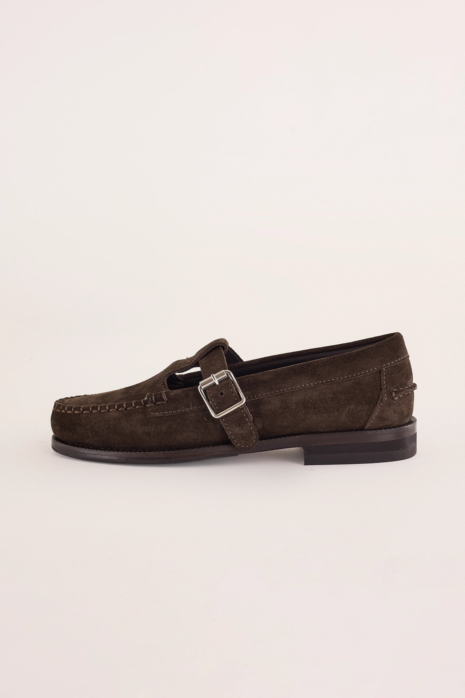 mocassini t-bar con suola in cuoio camoscio bruciato, pelle scamosciata