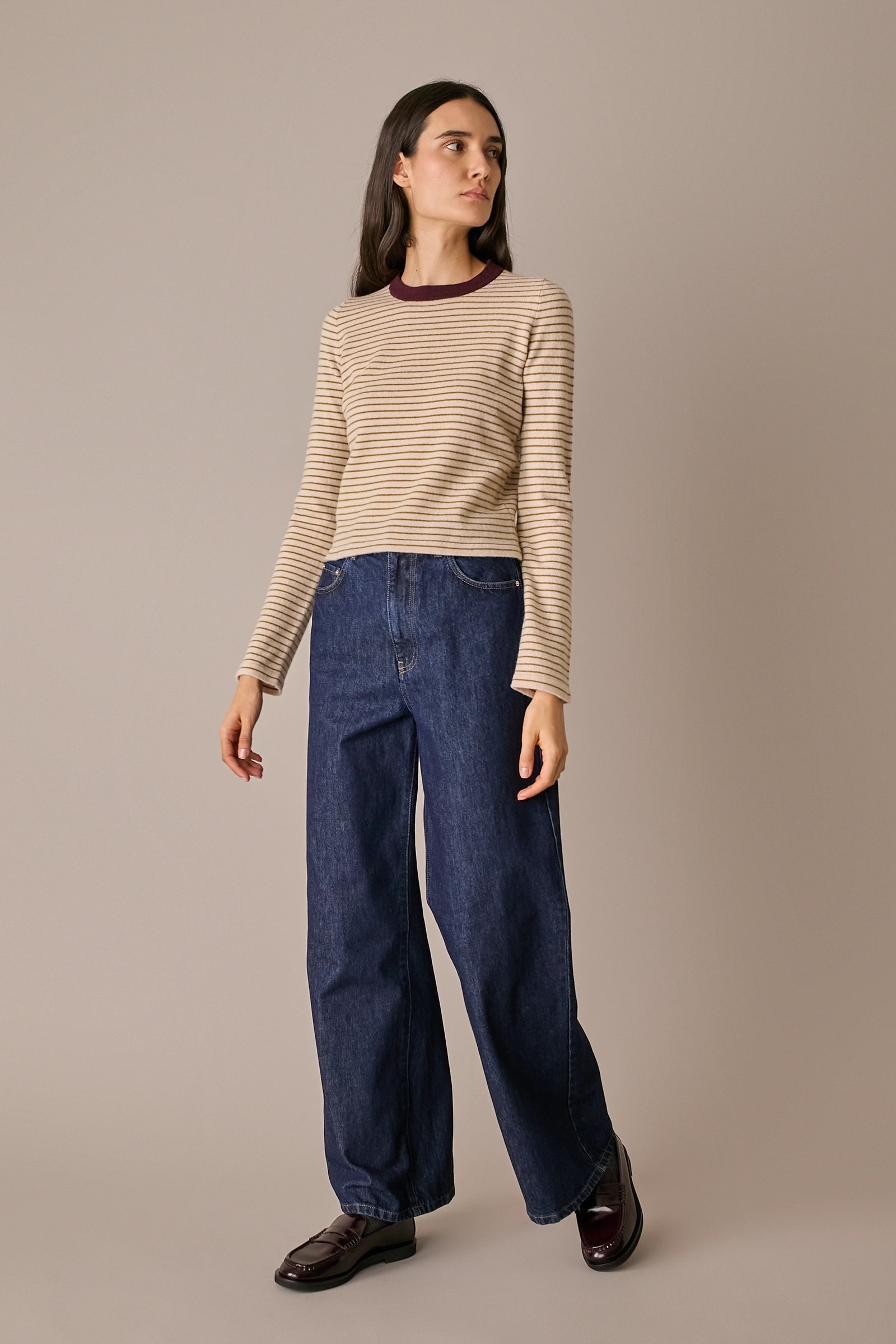 maglia cropped a righe in lana e cashmere, made in italy, cipria - oliva