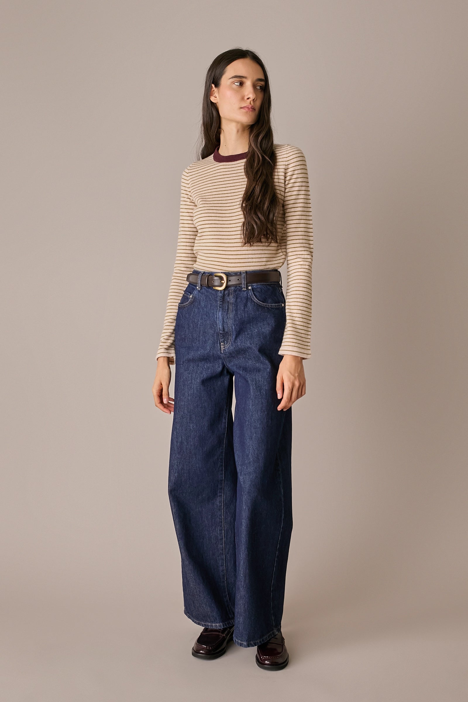 maglia cropped a righe in lana e cashmere cipria - oliva, modello cropped, moda donna