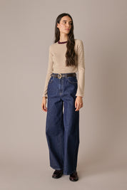 maglia cropped a righe in lana e cashmere cipria - oliva, modello cropped, moda donna