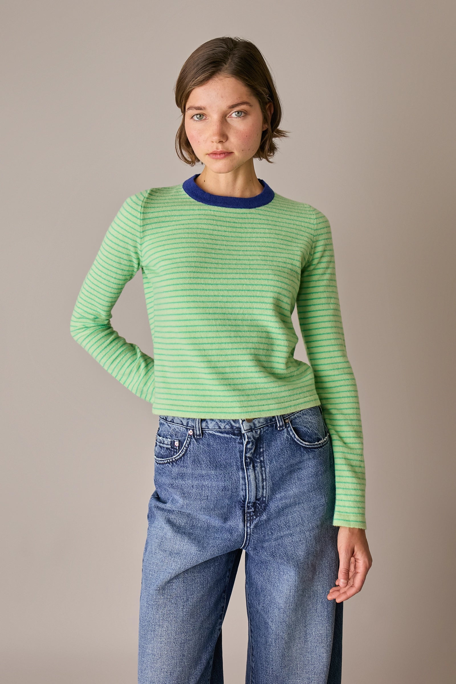maglia cropped a righe in lana e cashmere mela - menta, made in italy